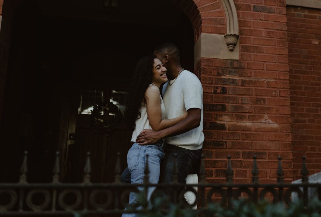 Couple Session at The Green in Charlotte NC | Couple at archway leaning in to each other