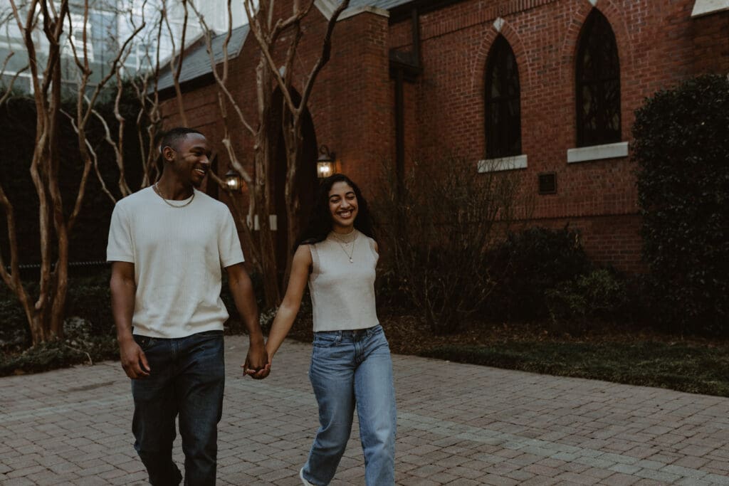 Couple walking at The Green in Charlotte NC